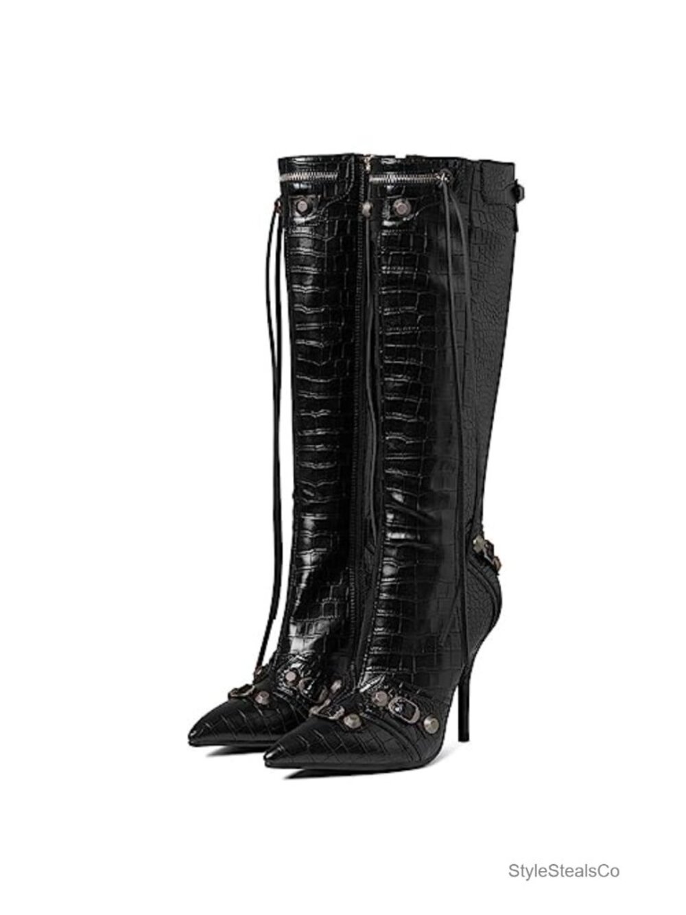 Knee High Boots Stiletto Pointed Toe Studded Tassel Slide Zipper Party Dress